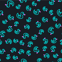 Line Rubber duck icon isolated seamless pattern on black background. Vector