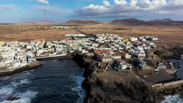 Panoramic view of El Cotillo city in Fuerteventura, Canary Islands, Spain. Scenic colorful traditional villages of Fuerteventura, El Cotillo in northen part of island. Canary islands of Spain.