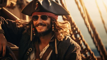 Man dressed-up like a pirate with hat and boat background © Keitma