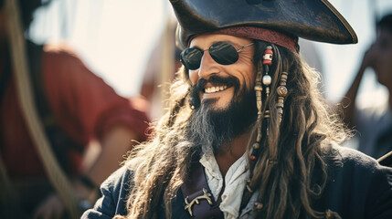 Man dressed-up like a pirate with hat and boat background