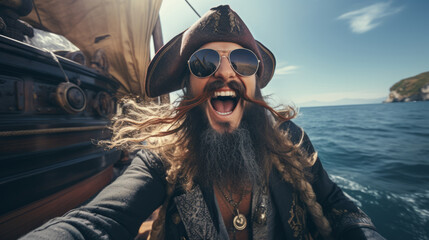 Man dressed-up like a pirate with hat and boat background - obrazy, fototapety, plakaty