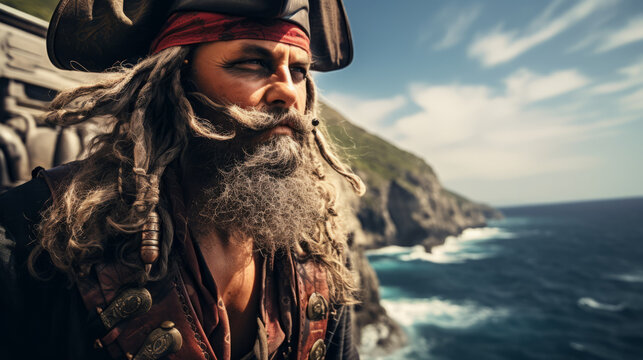 Man dressed-up like a pirate with hat and boat background