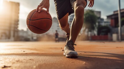 Close-up photo of a basketball player's hands dribbling the ball. Generative AI.