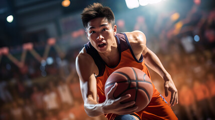 Intense Close-Up of National Team Basketball Player with Grit and Determination. Generative AI.