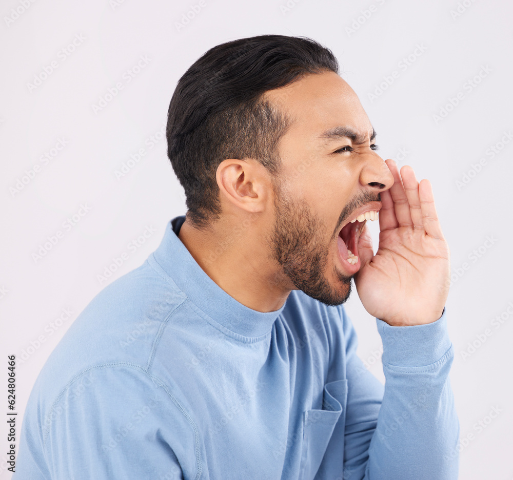Poster hands, screaming and angry asian man in studio with announcement, message or warning on grey backgro