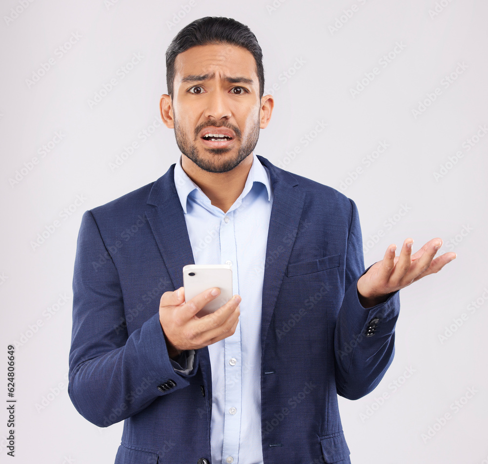 Poster portrait, asian man and phone error in studio with glitch, scam or bad connection on white backgroun