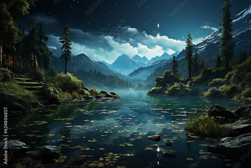 Poster a tranquil lake surrounded by lush greenery and a starry night sky, creating a sense of calm and ser
