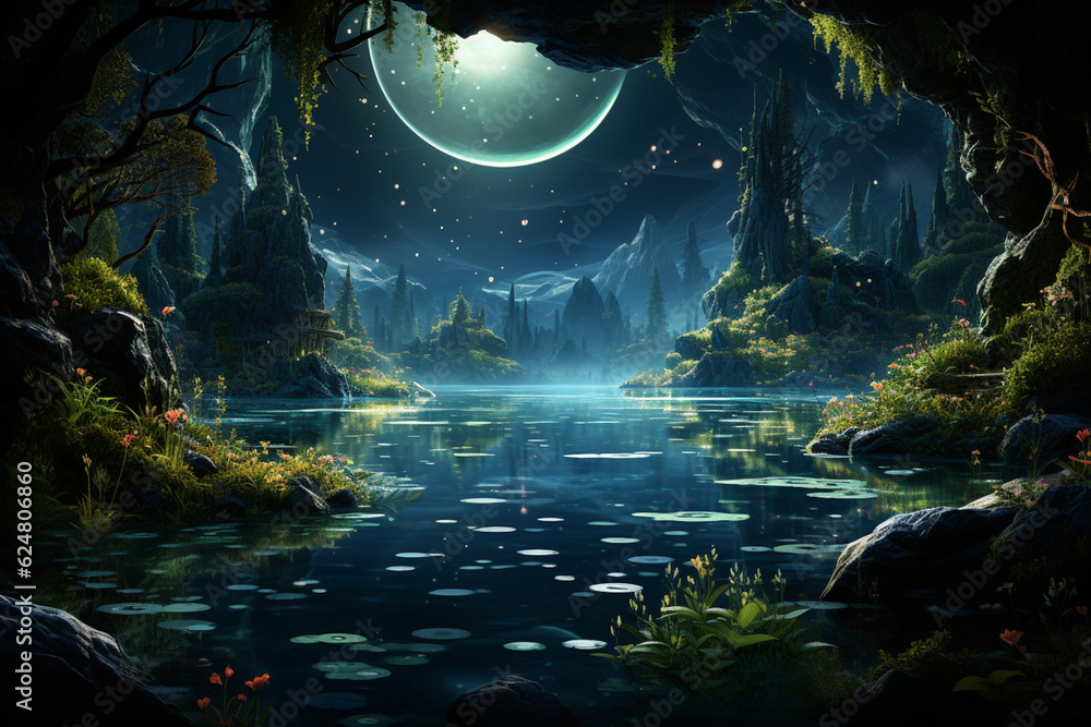 Poster A tranquil lake surrounded by lush greenery and a starry night sky, creating a sense of calm and serenity.  Generative AI technology.