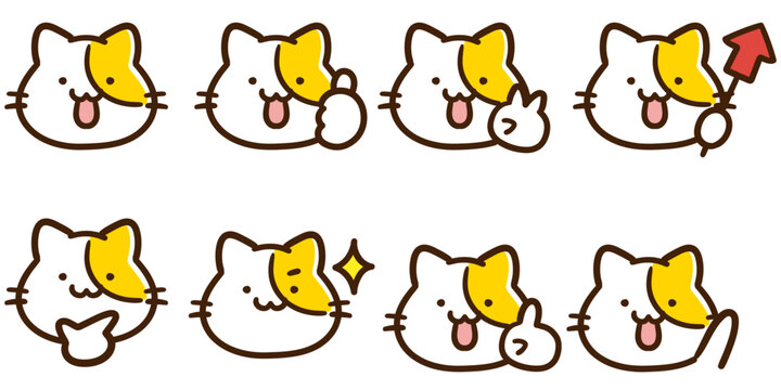 色々な表情ポーズのかわいいねこのキャラクターの顔文字セット