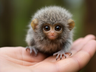 Fototapeta premium Photo of Pygmy Marmoset: The world's smallest monkey, with big eyes and a fluffy mane