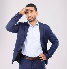 Business man, stress and confused in studio for anxiety, debt and stock market crash for fail...