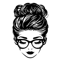 woman face with messy hair in a bun long eyelashes and eye glasses icon
