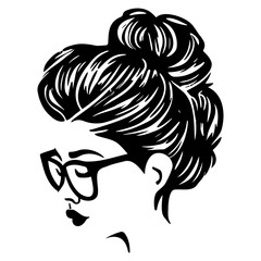 woman face with messy hair in a bun long eyelashes and eye glasses icon