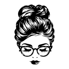 woman face with messy hair in a bun long eyelashes and eye glasses icon