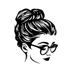 woman face with messy hair in a bun long eyelashes and eye glasses icon