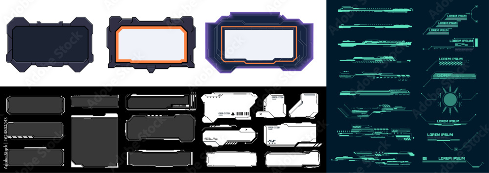 Poster A set of modern frames, callouts for user menu interface elements in futuristic HUD style. Vector cartoon set of user interface elements with blue and black border isolated on background