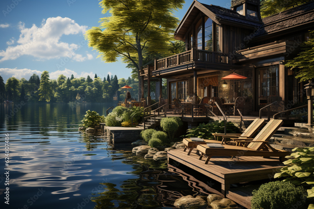 Aufkleber A tranquil lakeside retreat with a dock extending into the water, offering a serene setting for rest and reflection.  Generative AI technology.