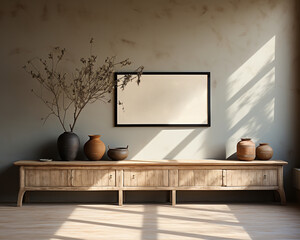 empty frame mockup in beige interior room with pottery vase sideboard and wooden floor in style of vintage. living room with photo frame and sunlight