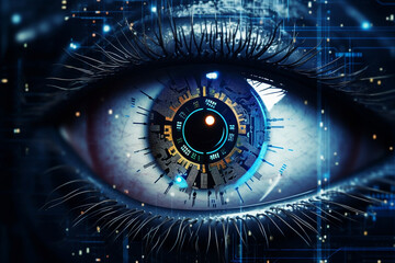 Eye pupil of a robot, cybernetic eye. Futuristic eye of a robot. AI. Human android cyborg eye futuristic control protection personal internet security access - obrazy, fototapety, plakaty