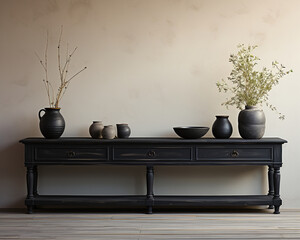 Stylish and vintage dark sideboard with pottery vase and decorations. empty beige wall for mockup