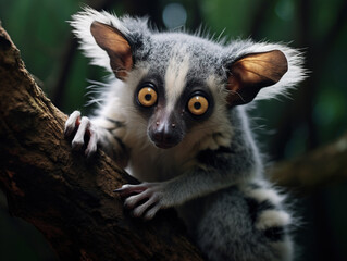Obraz premium Photo of Aye-aye: A rare and unique lemur species with big eyes and long, bony fingers
