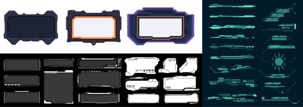 A set of modern frames, callouts for user menu interface elements in futuristic HUD style. Vector cartoon set of user interface elements with blue and black border isolated on background