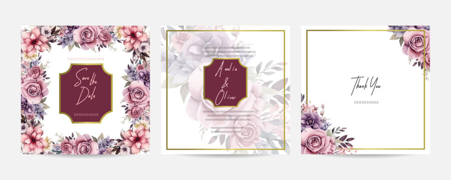 Arrangement of purple rose flowers and leaves at corner frame hand painting on wedding invitation card. Romantic theme wedding card invitation.