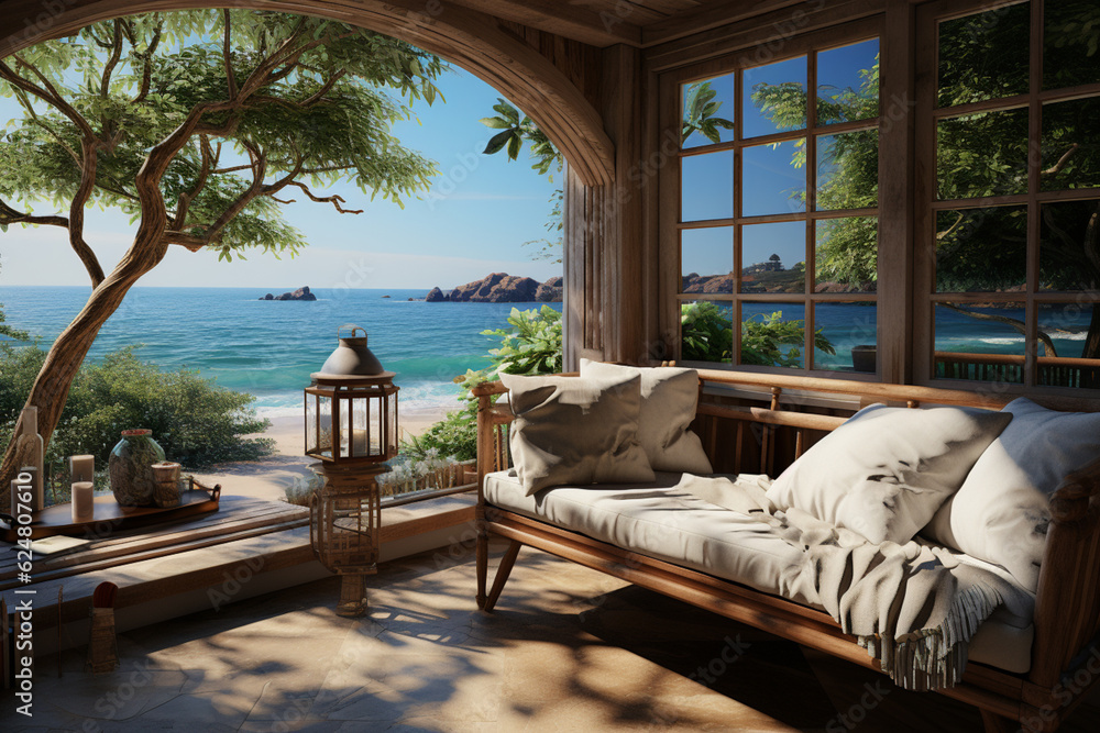 Poster a peaceful coastal cottage with panoramic ocean views, inviting a sense of calm and tranquility. gen