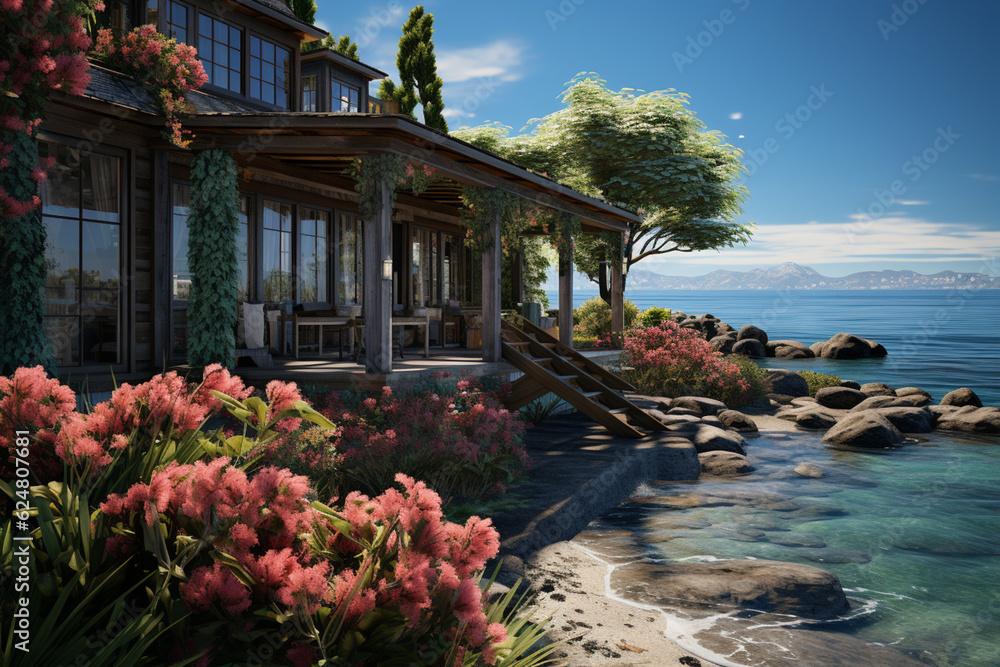 Poster a peaceful coastal cottage with panoramic ocean views, inviting a sense of calm and tranquility. gen