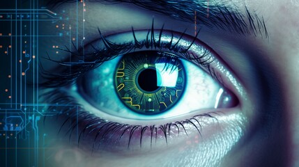 Cyber technology eye panel concept. Human android cyborg eye futuristic concept. Data scanning. Future scientific technology innovation safety science. Artificial intelligence concept. Generative AI