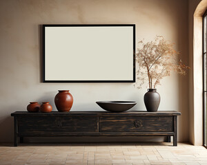 empty frame mockup in beige interior room with pottery vase sideboard and wooden floor in style of vintage. living room with photo frame and sunlight
