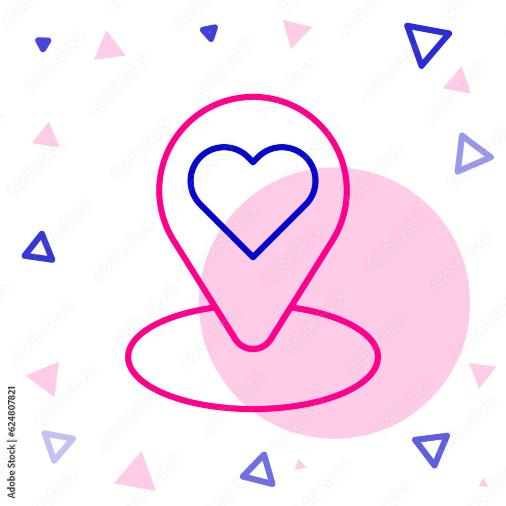 Poster Line Map pointer with heart icon isolated on white background. Valentines day. Love location. Romantic map pin. Colorful outline concept. Vector