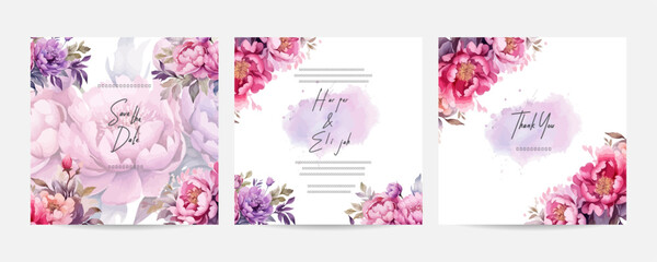 Elegant wedding card invitation theme. Romantic wedding card template with purple peony flowers leave watercolor.