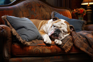 english bulldog dog breed sleeping on couch