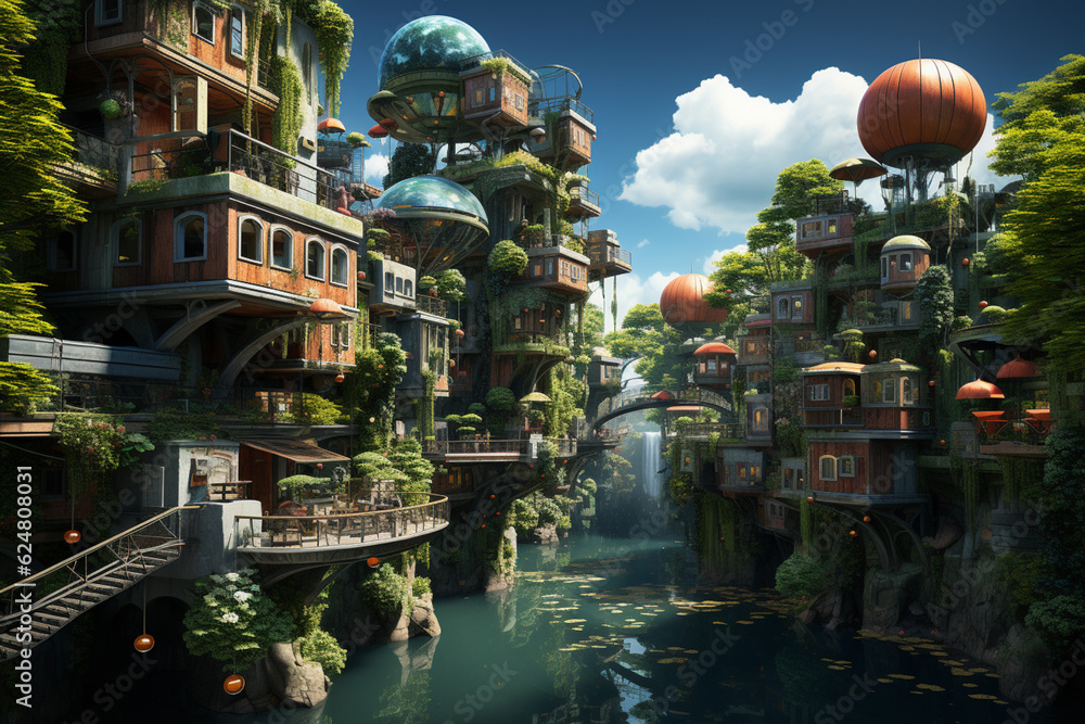Aufkleber A floating cityscape with levitating buildings and surreal architecture, representing the boundless creativity of dreams.  Generative AI technology.