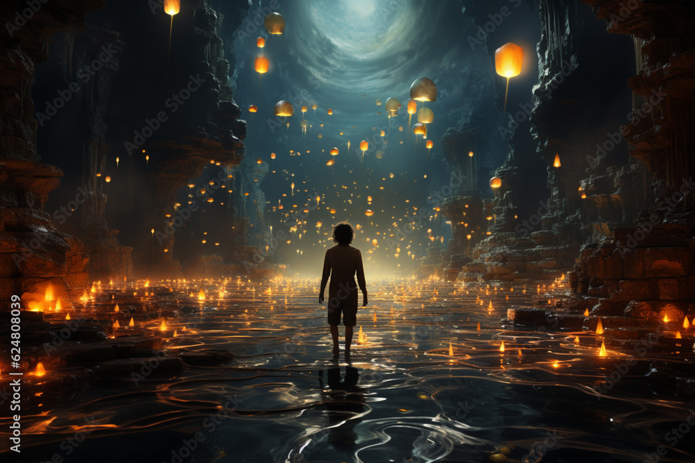 Poster a person walking on water with a trail of stars behind them, symbolizing the ability to defy limits 
