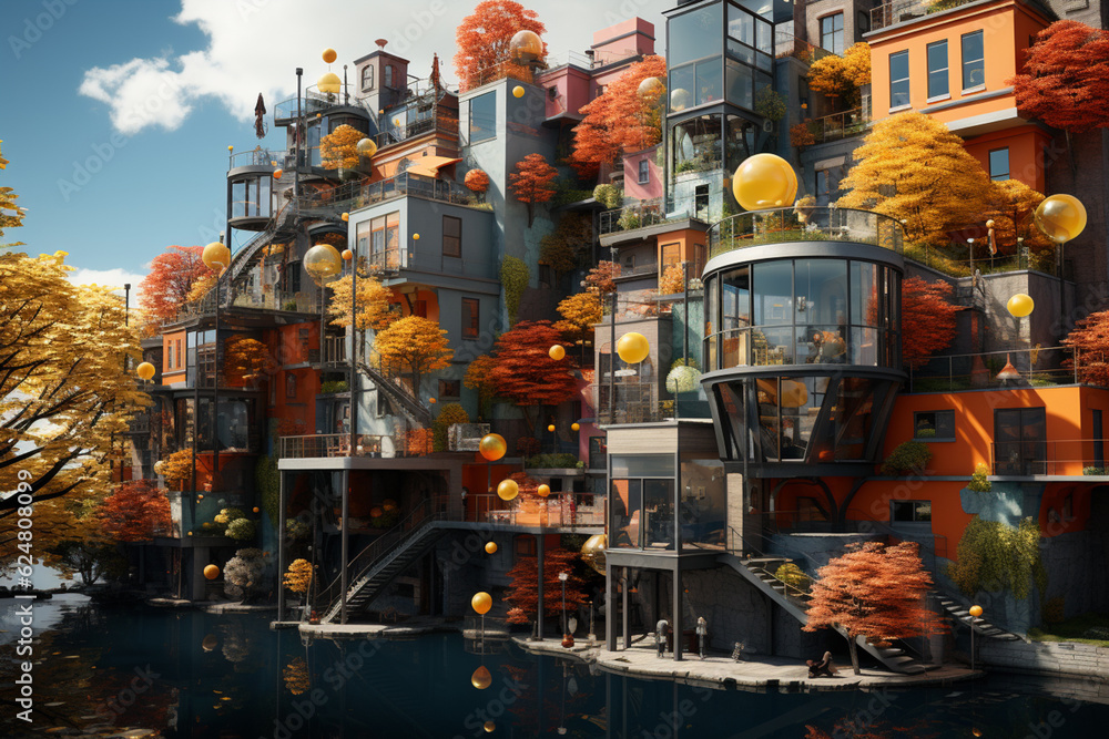Aufkleber A surreal cityscape with distorted perspectives and unusual shapes, capturing the surreal and illogical nature of dreams.  Generative AI technology.
