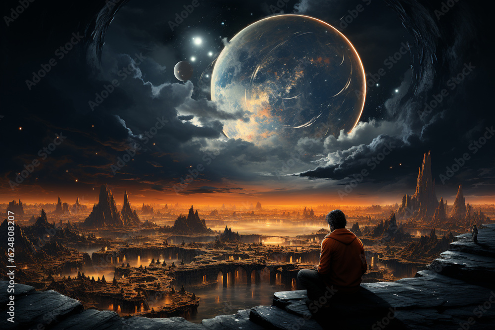 Poster a person sitting on a crescent moon, gazing into a starry sky, symbolizing the introspection and con