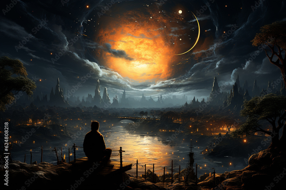 Aufkleber a person sitting on a crescent moon, gazing into a starry sky, symbolizing the introspection and con