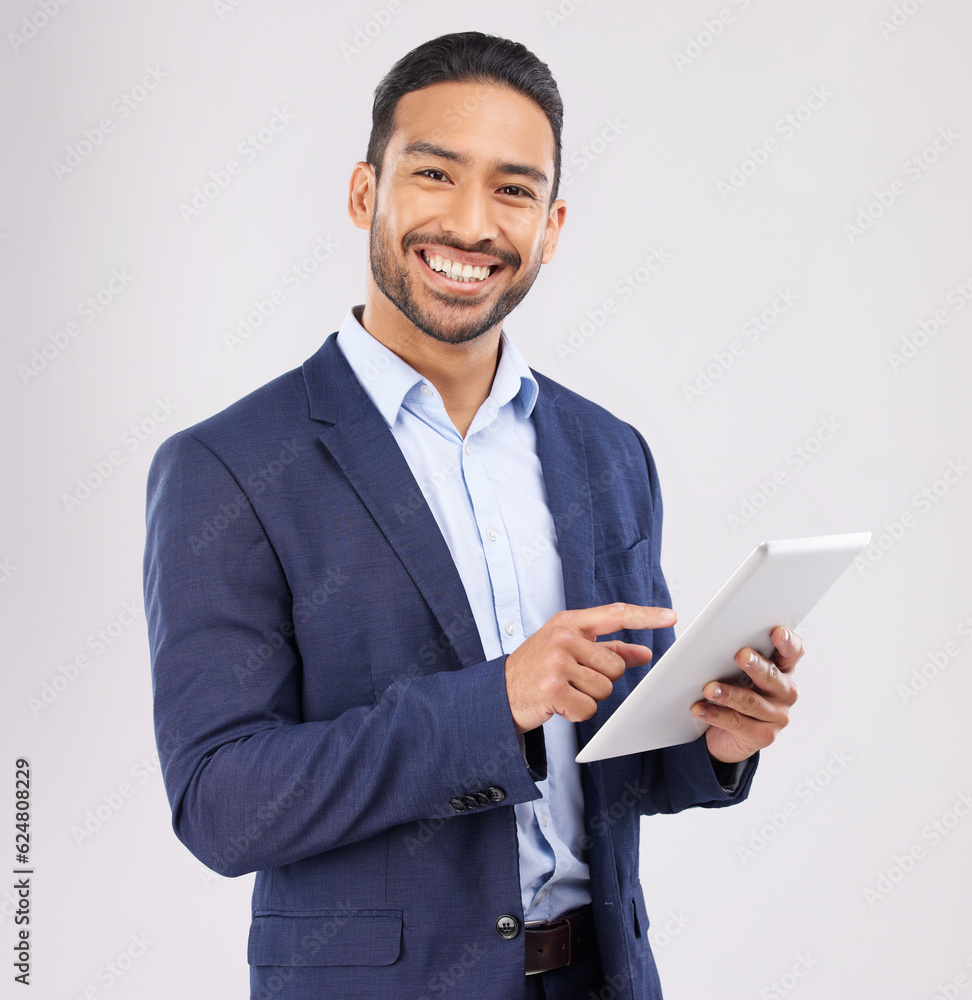Aufkleber portrait, asian man and business tablet in studio for planning research, trading data or stock marke