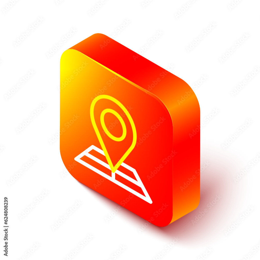 Poster isometric line folded map with location marker icon isolated on white background. orange square butt