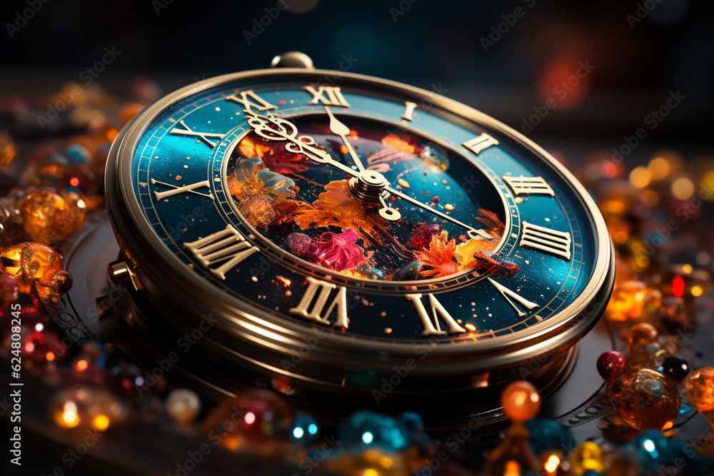 Poster a clock striking midnight, with the hands pointing to the new year, signifying the turning of the ca