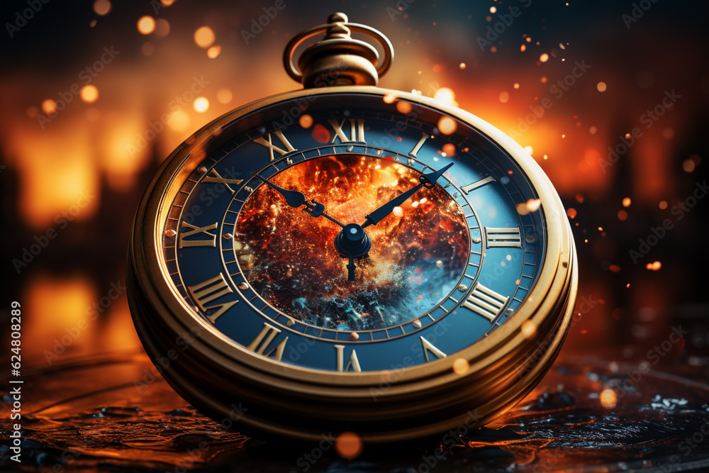 Poster a clock striking midnight, with the hands pointing to the new year, signifying the turning of the ca