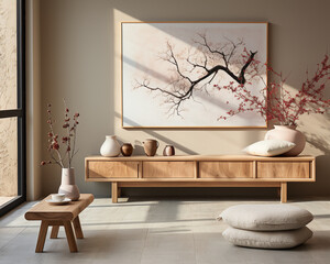 frame mockup in beige interior room with pottery vase sideboard and wooden floor in style of vintage. living room with photo frame and sunlight