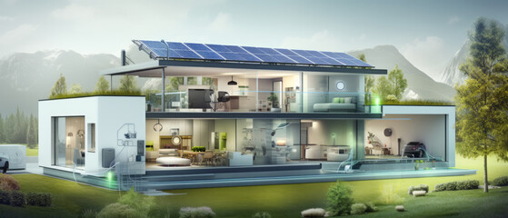 Smart home, concept illustration, electricity storage solar panels.