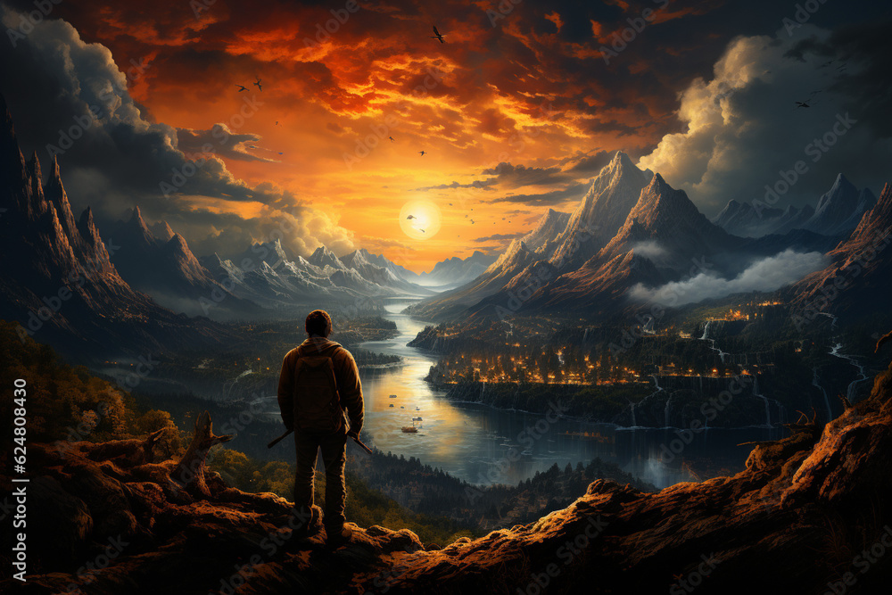 Poster a person standing on a mountaintop, gazing at a beautiful sunrise, representing the feeling of hope 