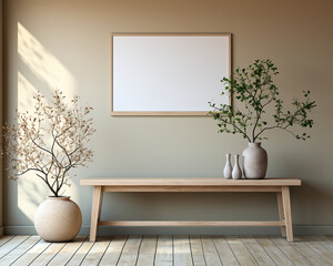 mock up poster frame in modern beige home interior Scandinavian style with bench and cushions