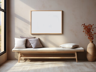 mock up poster frame in modern beige home interior Scandinavian style with bench and cushions