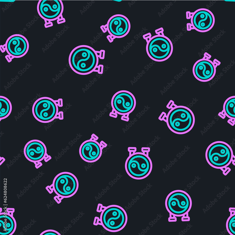 Poster line yin yang symbol of harmony and balance icon isolated seamless pattern on black background. vect