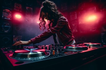 Fototapeta na wymiar a female DJ plays at the console at a night club party. creative ai.